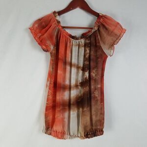 Unyx Shirt Juniors Small Multicolor Peasant Top Semi Sheer Puff Sleeve Boat Neck